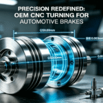 Close-up macro shot of a high-precision CNC machined aluminum brake piston with critical tolerances (roundness 0.003mm) displayed, set in a modern manufacturing background.