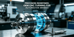 Close-up macro shot of a high-precision CNC machined aluminum brake piston with critical tolerances (roundness 0.003mm) displayed, set in a modern manufacturing background.