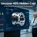 A procurement leader and engineering director analyze a risk dashboard visualizing a 40% hidden cost gap and low process capability, alongside a CMM report of a defective part, in a modern strategic sourcing office.