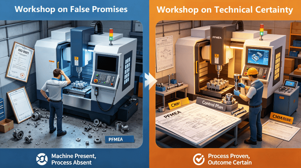 3D infographic contrasting a “false promise” workshop (advanced machine but no process) with a “technical certainty” workshop (simulation, documented PFMEA, in-process inspection), highlighting the difference between having equipment and having capability.